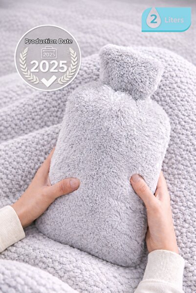 Ecuy Hot Water Bag with Soft Plush Cover Hot Water Bag 2L Capacity Washable Cover Gray