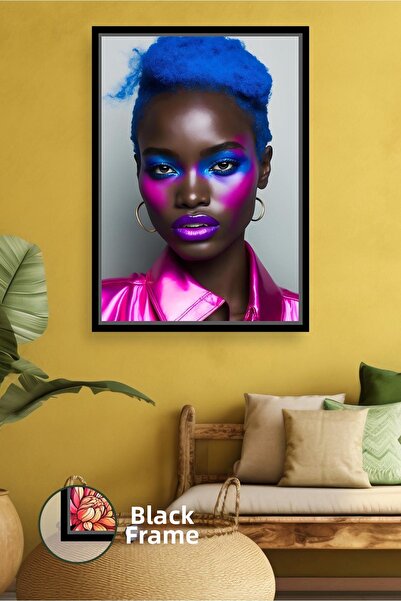 KOSS Dijital Πορτρέτο μιας αφρικανικής γυναίκας με μπλε μαλλιά, ζωηρό ροζ μακ...