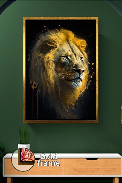 KOSS Dijital Pictură pe pânză înrămată, în ton auriu, cu fundal negru de leu,...