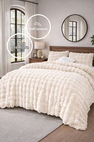 PEREN HOME Premium Rabbit Hair Plush Double Bed Cover Set Cream 240X220Cm + 2...
