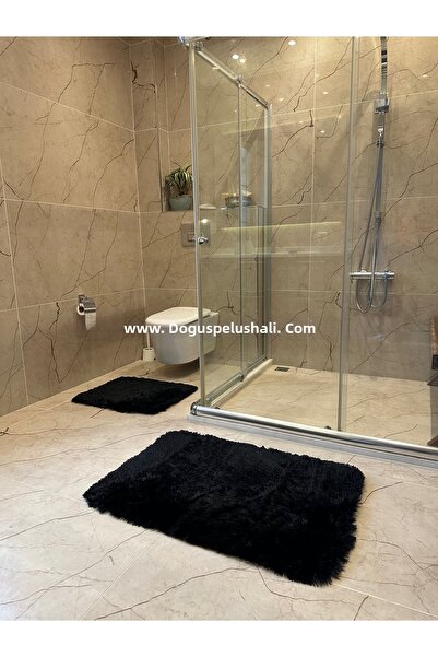 Doğuş Peluş Halı طقم سجادة حمام مكون من قطعتين من رابيت بلاك بنعل غير قابل لل...
