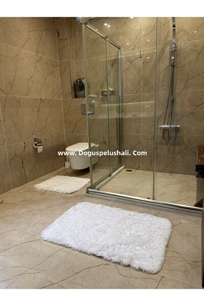 Doğuş Peluş Halı طقم سجادة حمام مكون من قطعتين من تافيان وايت مع قاعدة مانعة ...