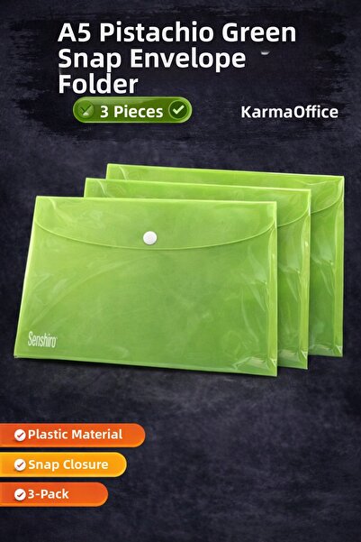 KarmaOfis A5 Green Snap Envelope File 3 Pieces – Plastic Document File