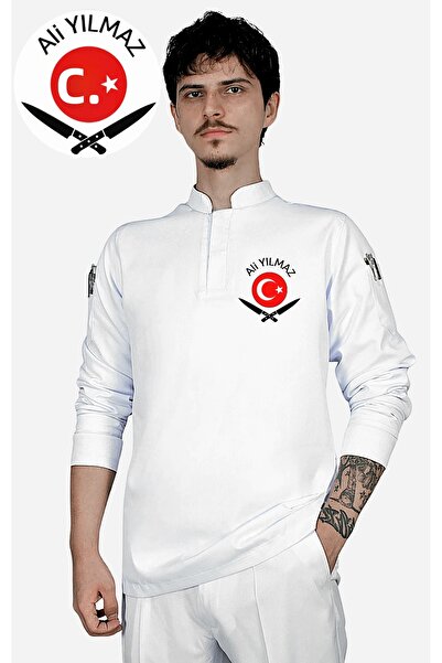 Üniformanya سترة طهاة بيضاء مطرزة بالعلم التركي والشفرة مع هدية اسمية، زي طها...