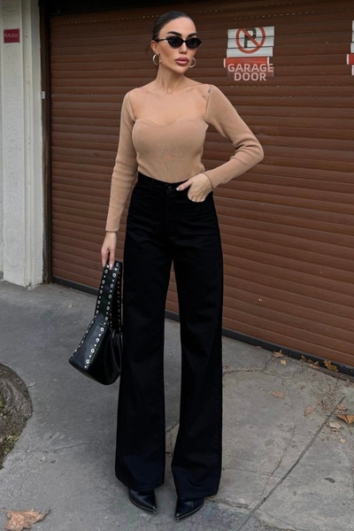 Trend Alaçatı Stili Women's Black 5 Pocket High Waist Palazzo Jean Vs01694