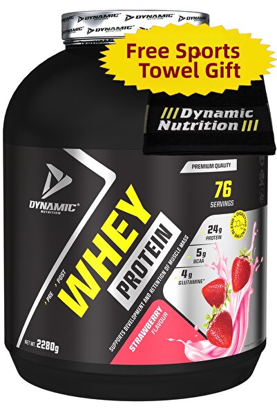 Dynamic Nutrition Whey Protein Powder - 2280 g - 76 Servings - Strawberry - with Digestive Enzymes - with a Sports Towel Gift