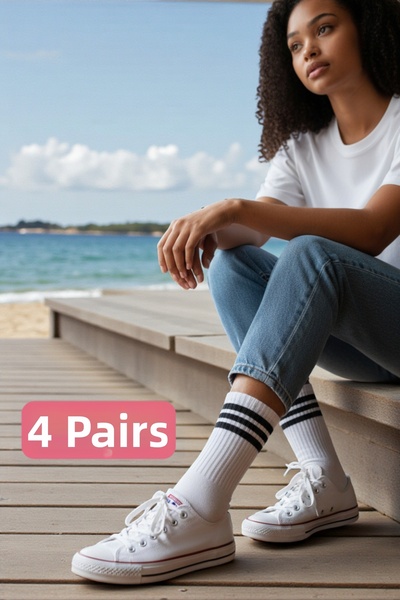 Esinti 4 Pairs Men Women White Black Striped Long Tennis Socks Cotton Unisex ...