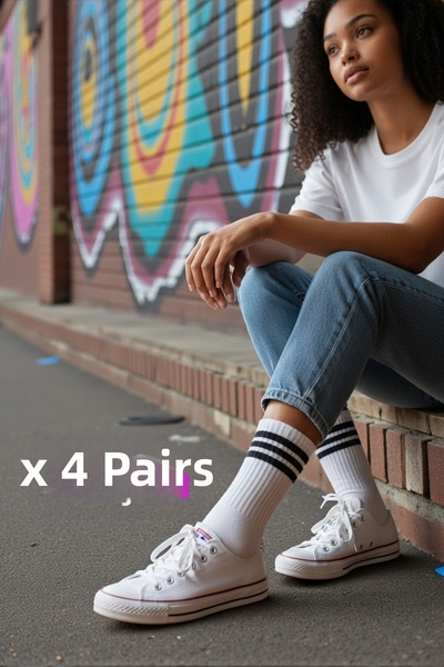 Esinti 4 Pairs Men Women Cotton White Black Striped Long Tennis Socks Unisex ...