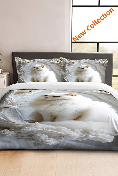 MonoHome White Cat Patterned 5D Digital Printing Cotton Satin Duvet Cover Set...