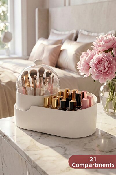 Vienev 21-Compartment Rotating Makeup Organizer with Lid - Brush Holder and L...