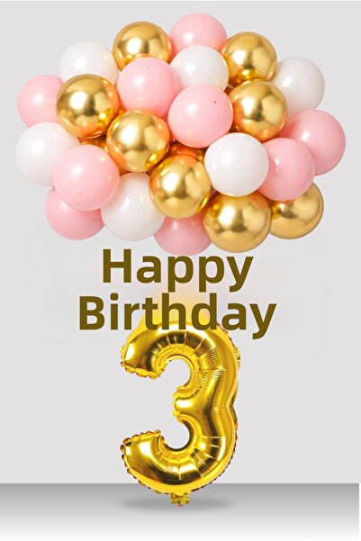 tedaks 3 Years Old Retro Gold Pink White Balloon Happy Birthday Banner Gold N...