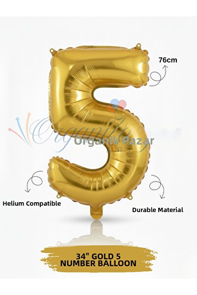 Organizasyon Pazarı 34 inch 5 Gold Color Number Foil Balloon