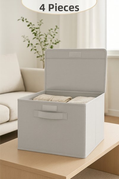 HURCEVİM 4 Pieces - Gray Multi-Purpose Box Storage Container - 30 X 30 X 30 cm - Upright Toy Box - Organizer