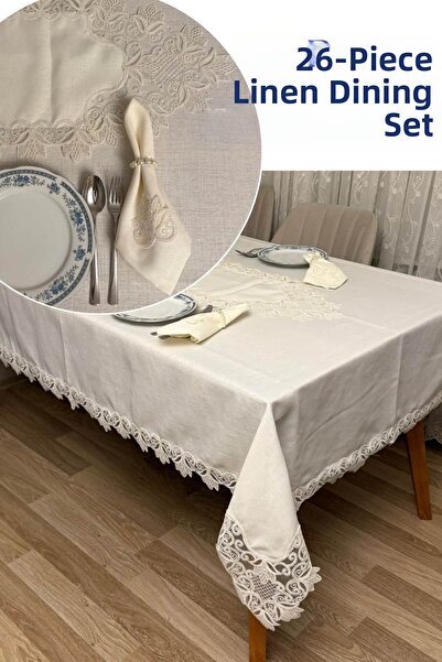 Dantelux طقم طعام من الكتان والدانتيل مكون من 26 قطعة لـ 12 شخصًا من أودي
