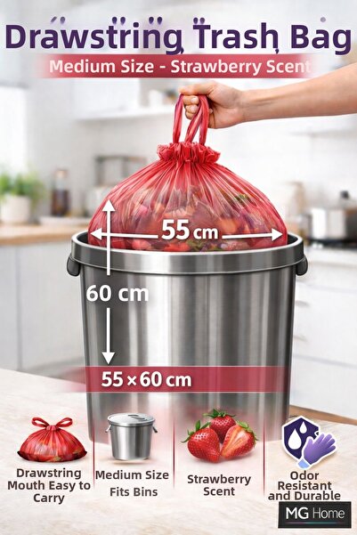 VENON 🍓   Strawberry 5 Pack 5X10 Drawstring Garbage Bags 🍓 Medium 🍓 55X60 ...