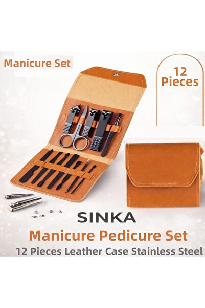 SİNKA طقم مانيكير وباديكير 12 قطعة مع حقيبة جلد ستانلس ستيل