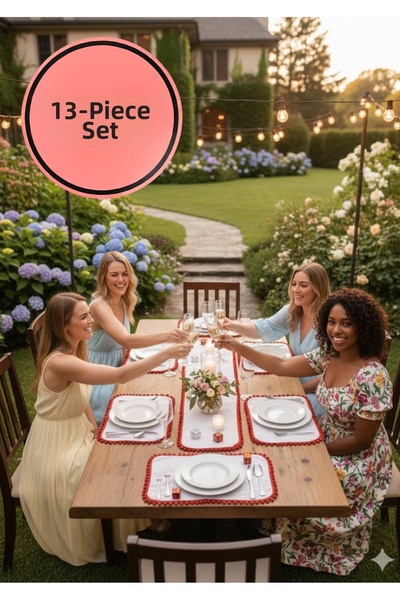 Durushe 5-Piece Red Figured Runner & American Serving Set – Decorative Servin...