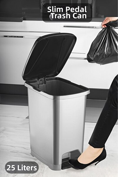 Evalins Garby Slim 25L Pedal Bin, Grey Design with Black Lid for Bathroom and...