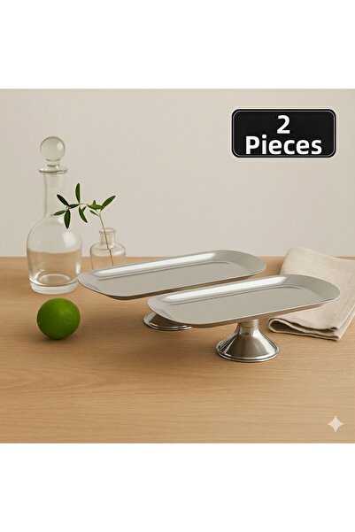 Aslı Hediyelik Set of 2 10X23 cm Silver Footed Kayak Presentation Plate Snack...