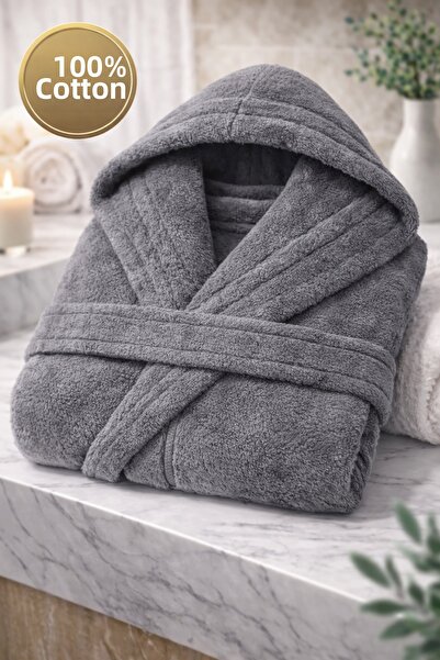 İQON 100% Cotton Unisex Bathrobe Plain Anthracite