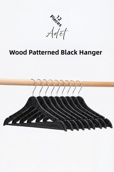 Siyempi 12 bucăți de umerașe din plastic negru cu model din lemn, set de umer...