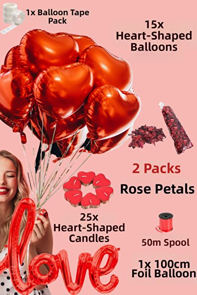 Baloncu Dede مجموعة بالونات قلب حمراء من الفويل مع شمعة على شكل قلب متوافقة م...