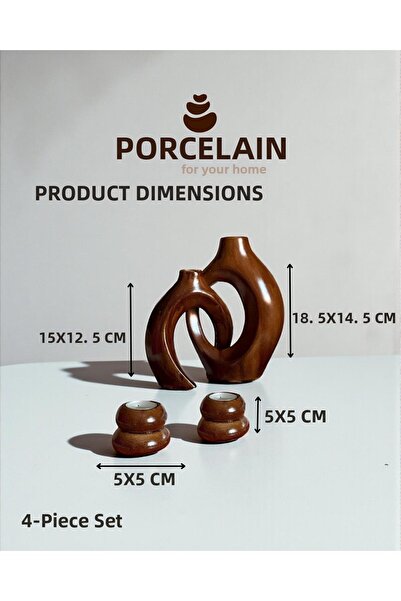 Porselian Set of 4 Decorative Objects - Brown Modern Ceramic Vase and Tealigh...