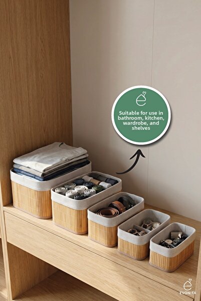 EVONİTA Bamboo Organizer Set 5 Pieces Multi-Purpose Bathroom Kitchen Closet O...