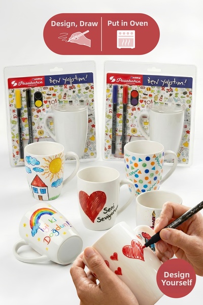 Vienev DIY Mug Design Your Own Set Paşabahçe X Edding - 2 Mugs + 4 Colors (Bl...