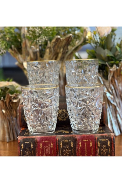 atabey home 4 Pieces Crystalized Model Soft Drink & Water Glass - with Gold D...