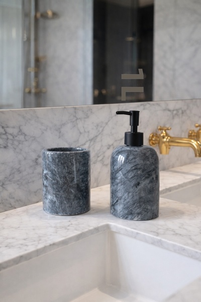 DMR HOME طقم حمام من الرخام الطبيعي - حامل صابون سائل وحامل فرشاة أسنان |   ت...