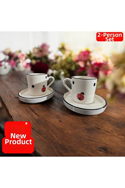 Ganita home Coffee Cup Ladybug Luck Cup 2 Person 4 Pieces Double Size 100 ml