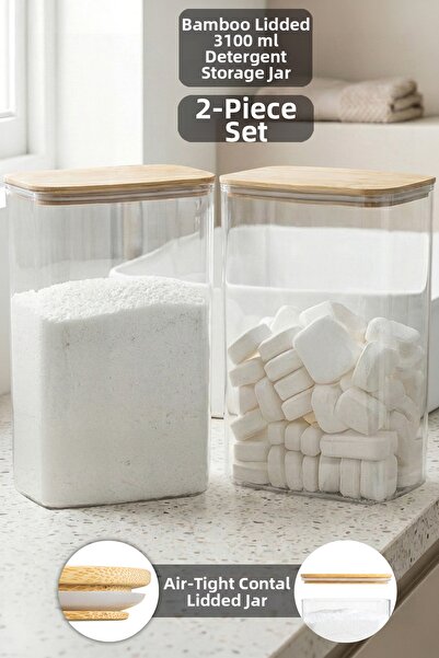 Meleni Home 2 Aura Detergent Storage Boxes - Airtight Bamboo Lid Powder Table...