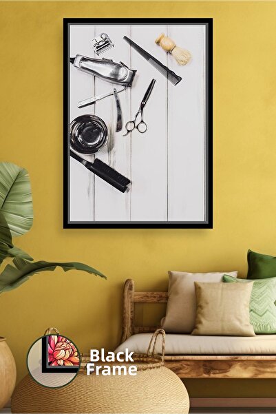 KOSS Dijital Barber Tools Flat Lay Design Framed Canvas Painting for Modern H...