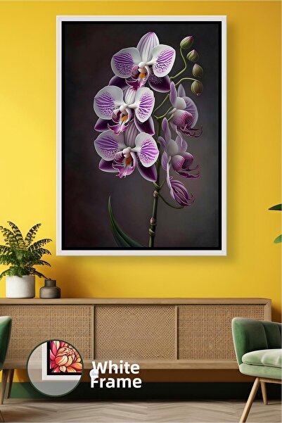 KOSS Dijital Pictură pe pânză înrămată cu ramă, cu ramură de orhidee albă vio...