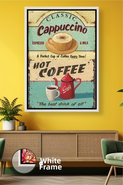 KOSS Dijital Ρετρό καπουτσίνο καφέ πανό ζωγραφισμένο σε καμβά με κορνίζα για ...
