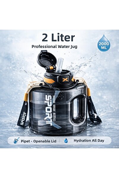 Polham 2 Liter Sports Water Bottle – Pop-Up Lid with Straw, Carrying Strap, L...