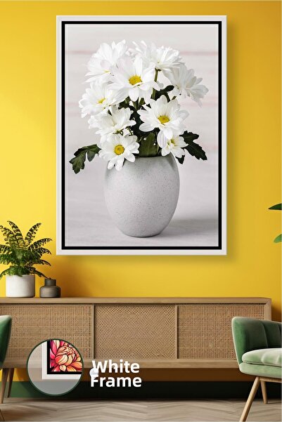 KOSS Dijital White Daisy Flower Decorative Painting Minimal Framed Canvas Pai...