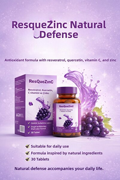 RESQUEZİNC 30 قرصًا 250 ملغ ريسفيراترول 100 ملغ كويرسيتين فيتامين سي و15 ملغ زنك