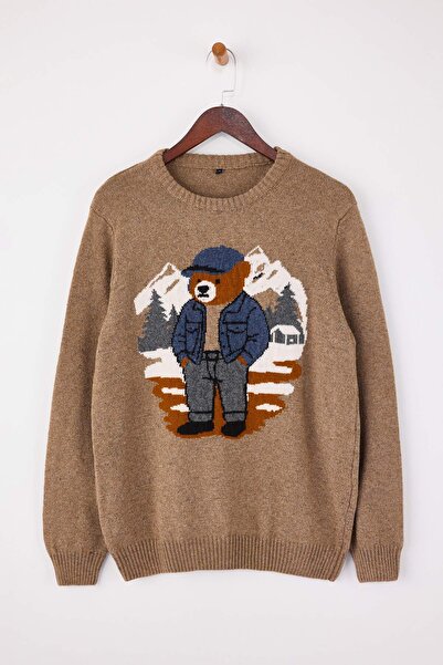 Trendyol Collection Nerzfarbener Pullover mit regulärem Rundhalsausschnitt un...