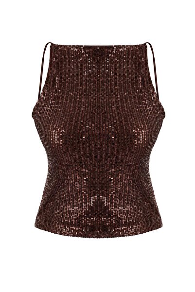 Trendyol Collection Brown Solid Halter Neck Sleeveless Glitter Knitted Sequin...