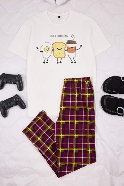 Trendyol Collection Weißes, kurzärmliges Pyjama-Set aus Baumwolle mit Karomus...