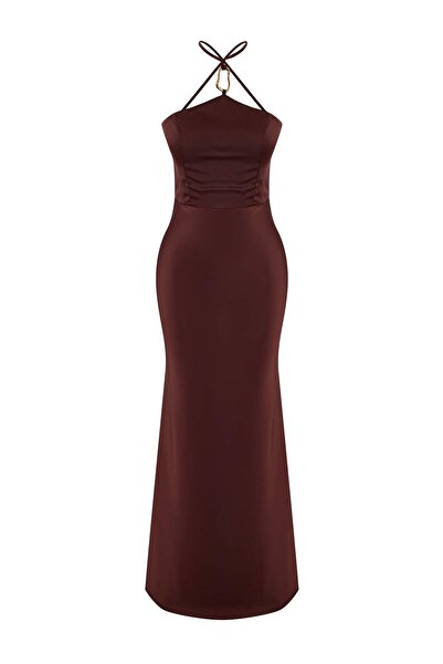 Trendyol Collection Braunes Maxi-Abendkleid und Abschlussballkleid aus gewebt...