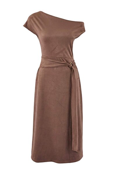 Trendyol Collection Braunes Midi-Strickkleid aus Wildleder in A-Linie/Glocken...