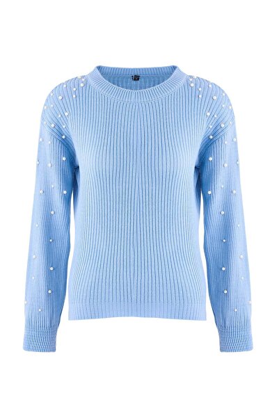 Trendyol Collection Hellblauer Strickpullover mit Perlenbesatz und Rundhalsau...