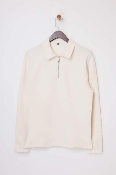 Trendyol Collection Ecru Loose Fit Textured Zippered Polo Neck T-Shirt Tmnss2...