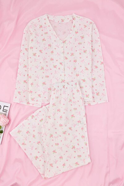 Trendyol Collection Weiß-Mehrfarbig bedrucktes Musselin-Pyjama-Set THMSS26PT0...