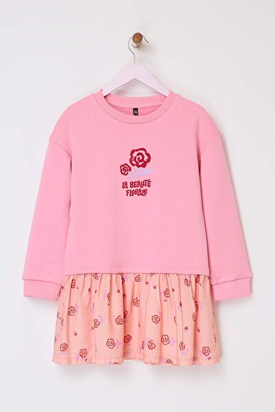 TRENDYOLKIDS Pink Girl Child Printed Bicycle Collar A-Line Knitted Dress Tkda...