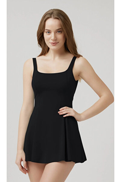 Kom Kadın Siyah Rota Elbise Mayo Etekli Mayo