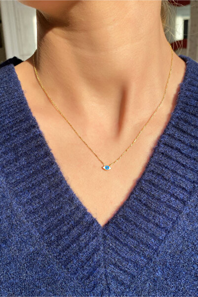 Spossy Silver Jewelry 925 Ayar Gümüş, 14 Ayar Gold, Minimal Nazar Göz Kolye